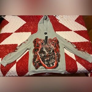 Bold Skull Graphic Hoodie in Gray and Red